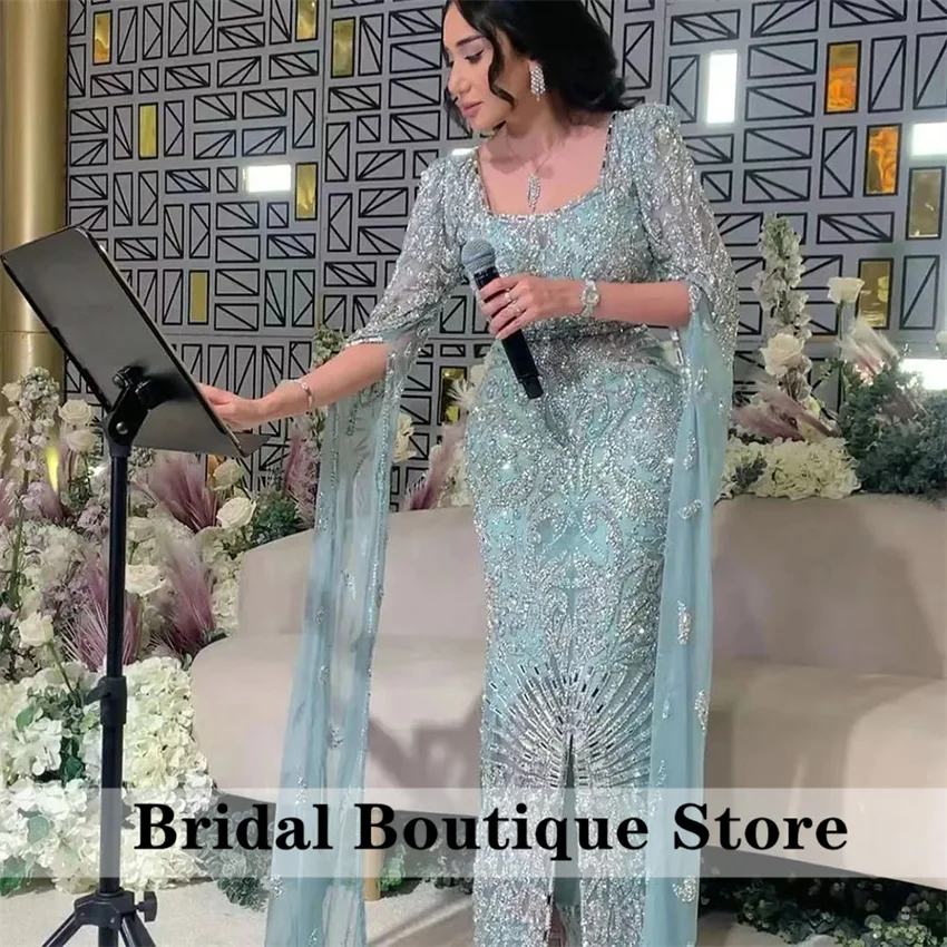 

Blue Luxury Evening Dresses Crystal Beading Diamonds Long Sleeves Exquisite Elegant Wedding Party Prom Gowns Customized