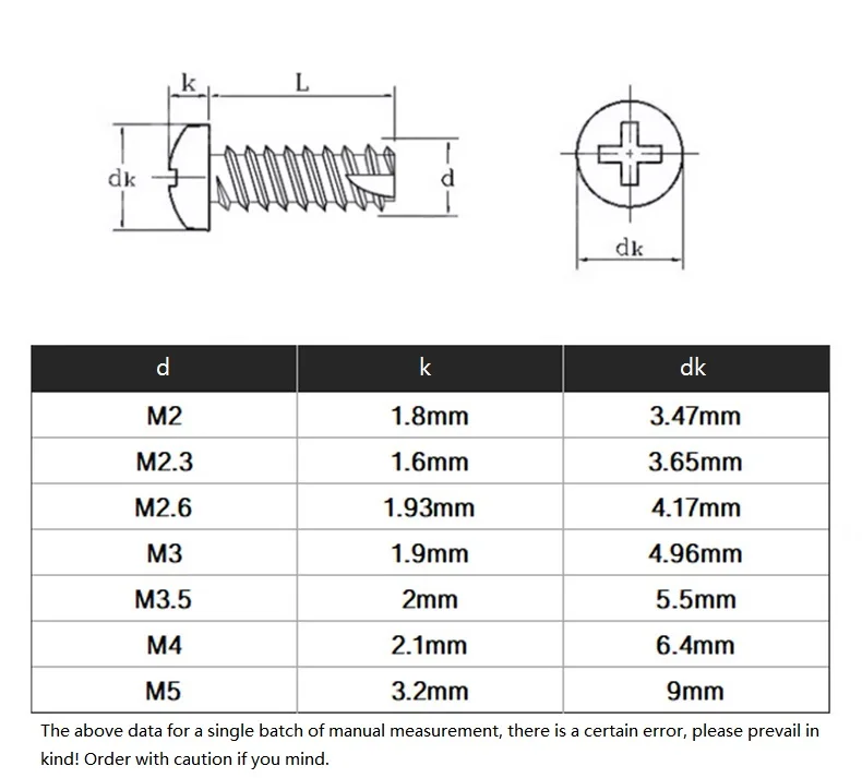 M2 M2.3 M2.6 M3 M3.5 M4 M5 Black 304 Stainless Steel PT Phillips Cross Recessed Pan Round Head Tail-Cut Self Tapping Wood Screw