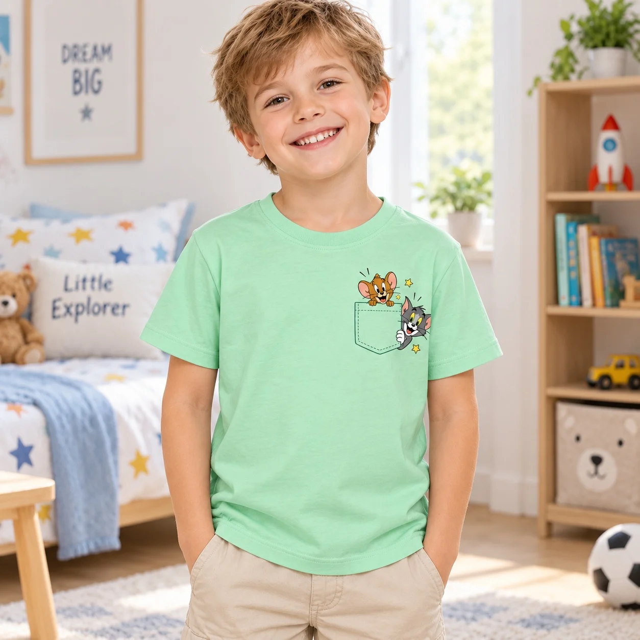Kids Cartoon Cat Mouse T Shirt Unisex Children Short Sleeve Tee Cute Pocket Graphic Top Boys Girls Summer Casual Clothing