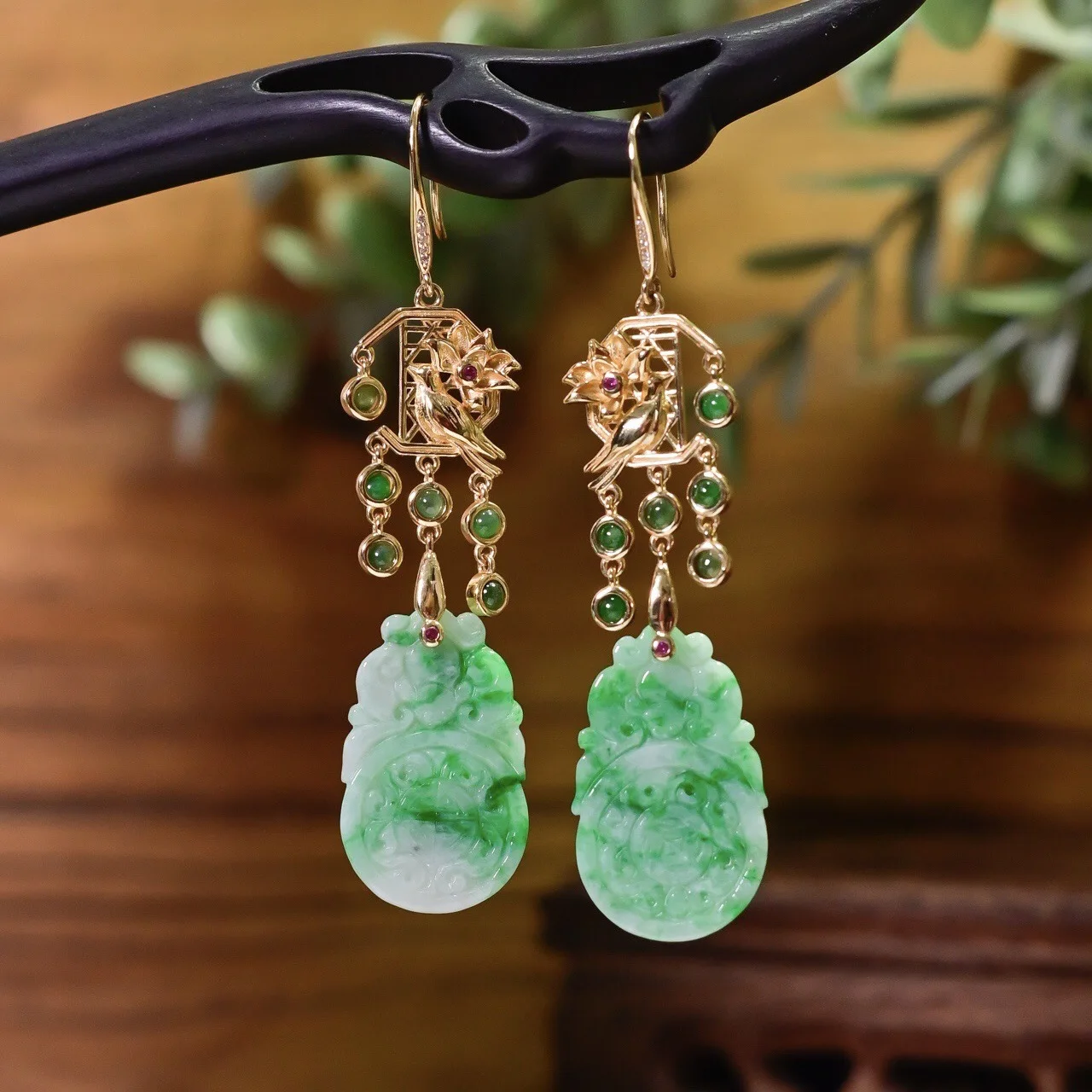 Chinese Style A-Grade Floating Green Jade Earrings, Carved Kylin Colored Ball, S925 Gold Plated Luxury Jewelry Gift