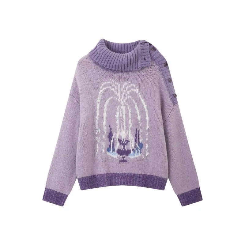 Suéter con patrón de fuente púrpura para mujer, moda coreana, Jersey de punto empalmado con botones, ropa informal Y2k, novedad de Otoño Invierno 2025