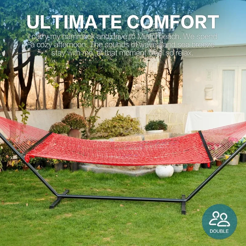 

Double Rope Hammock with Stand Included, 12ft Heavy Duty Stand, 2 Person Traditional Cotton Rope Hammocks with Pillow for Out