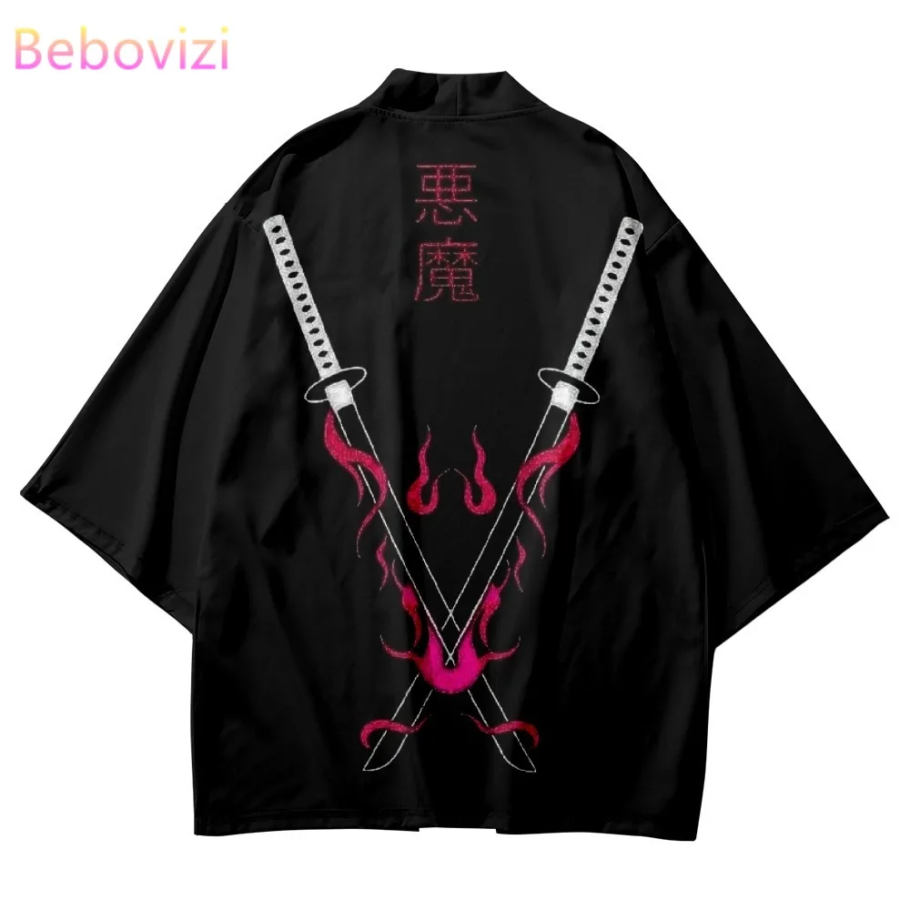 Japonês demônio samurai espada impressão quimono cosplay cardigan robe preto roupas de verão yukata vintage haori