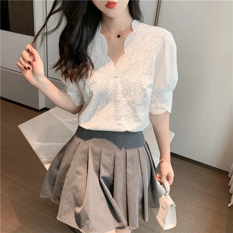 Summer Tops Loose Cotton White Blouse Women Short Sleeve Embroidery Hollow Out Lace Women\'s Shirt V-Neck Casual Solid Tops 13102