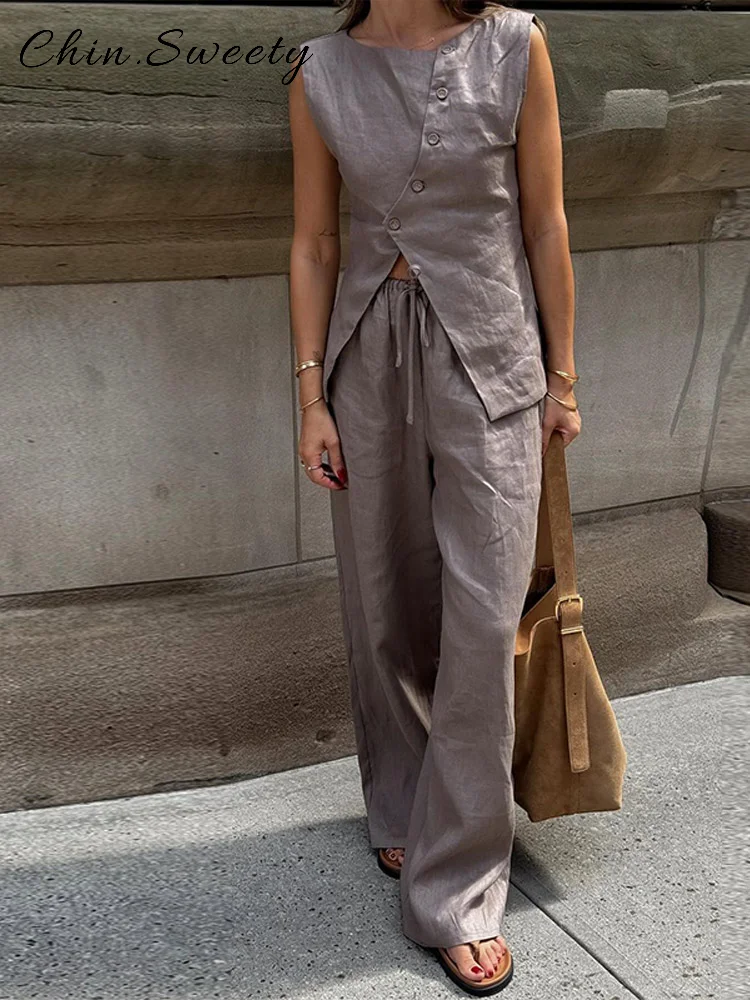 

Fashion Irregular Split Vest Pants Suit Women Single Breasted Top Lace up Wide Leg Pant 2025 Spring Summer Lady Commute Outfits