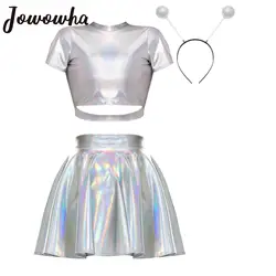 Womens Space Astronaut Cosplay Costume Metallic Shiny Sleeveless Crop Tank Top with Skirt Alien Hair Hoop Theme Party Clubwear