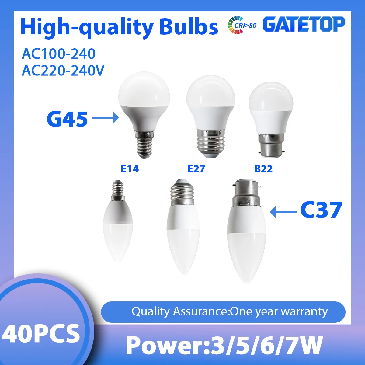 

40 шт. светодиодные мини-лампы-свечи G45 C37 3 Вт 5 Вт 6 Вт 7 Вт E14 E27 B22 Основания без мерцания AC220V Идеально подходит для учебного освещения дома