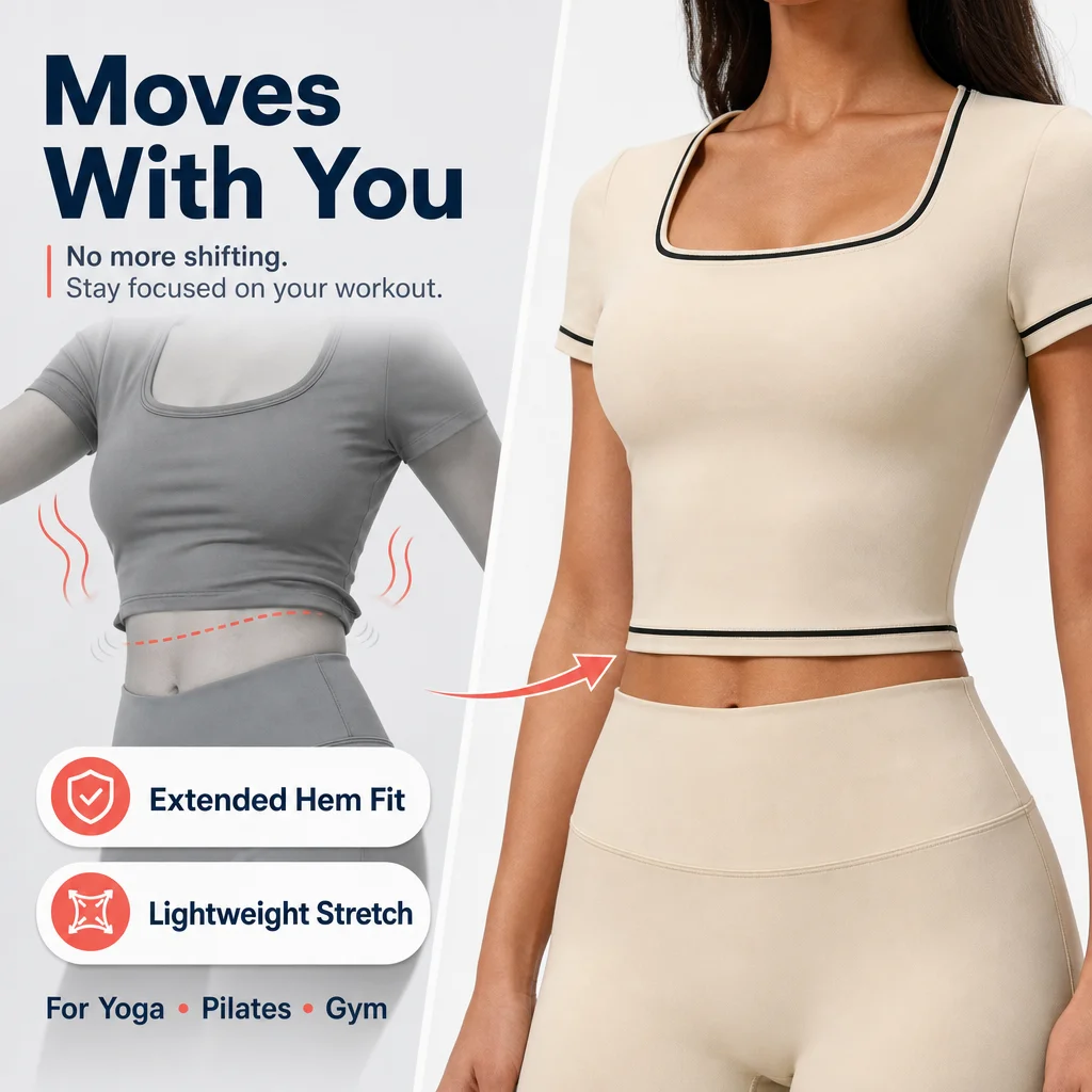 Women's Square Neck Short Sleeve Crop Top, Brushed Nylon 4-Way Stretch Soft Gym Shirt, Contrast Stitching Extended Hem Yoga Acti
