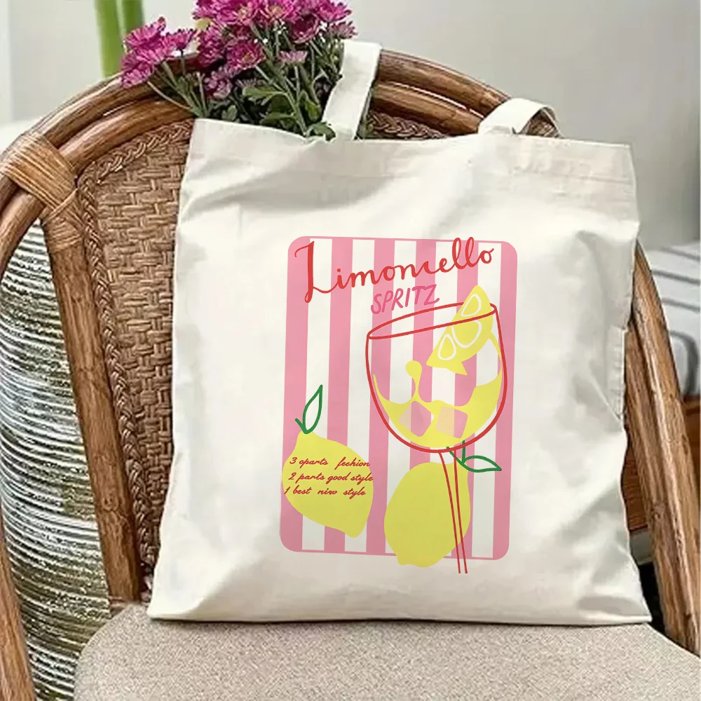 Italian Limoncello Spritz Canvas Tote Bag Retro Lemon Cocktail Pink Stripe Handbag Summer Beach Grocery Shopping Book Bag