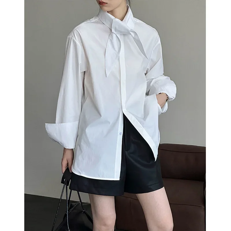 2024 Autumn New Top Casual Loose Western Style Korean Version Long Sleeved Hanging Ear Collar Long Sleeved Shirt