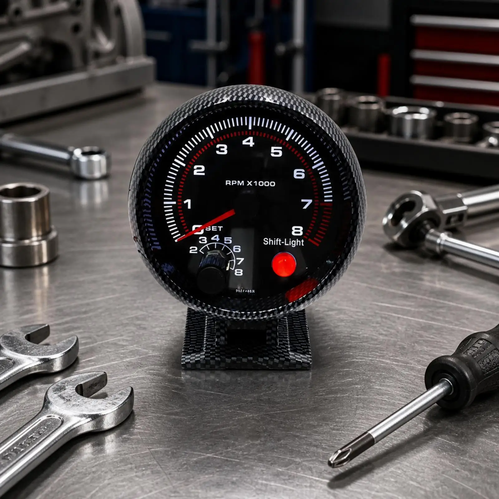 Electronic Automotive Tachometer 12V Tachometer with Gear-Change-Light Indicator Carbon-Fiber Pattern Electronic RPM Gauge