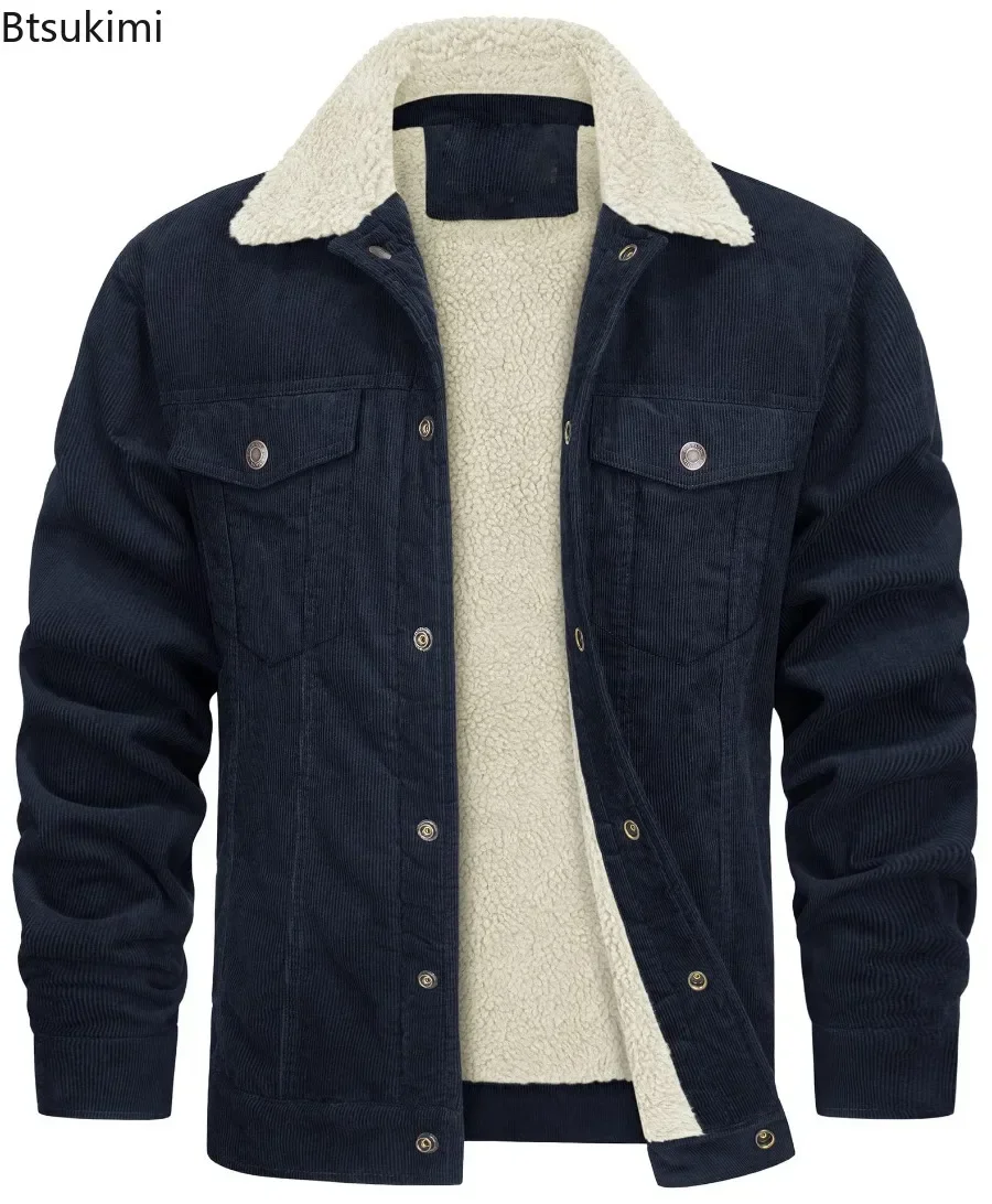 Autumn Winter Men's Corduroy Jackets Vintage Lapel Fleece Windbrekaer Thicken Warm Coats Multi-pockets Loose Casual Jackets Male