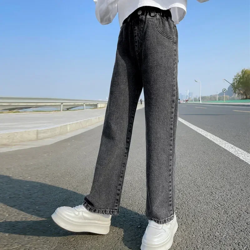 2024 Casual Style Jeans For Girl Teenage Clothes Elastic High Waist Denim Wide Leg Pants Spring Big Kids Straight Trousers 5-14Y