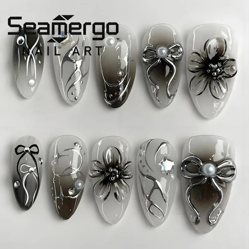 24PCS Black Gradient French False Nails Sweet Cool Metallic Silver Bow Patterns Nail Tips 3D Flowers Almond Press on Nails Art