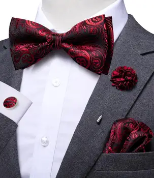 Hi-Tie Luxe Red Burgundy Zijde Mannen Bowtie Pocket Plein Manchetknopen Broche Set Vlinder Knoop Strikje Voor mannen Wedding Stalknecht
