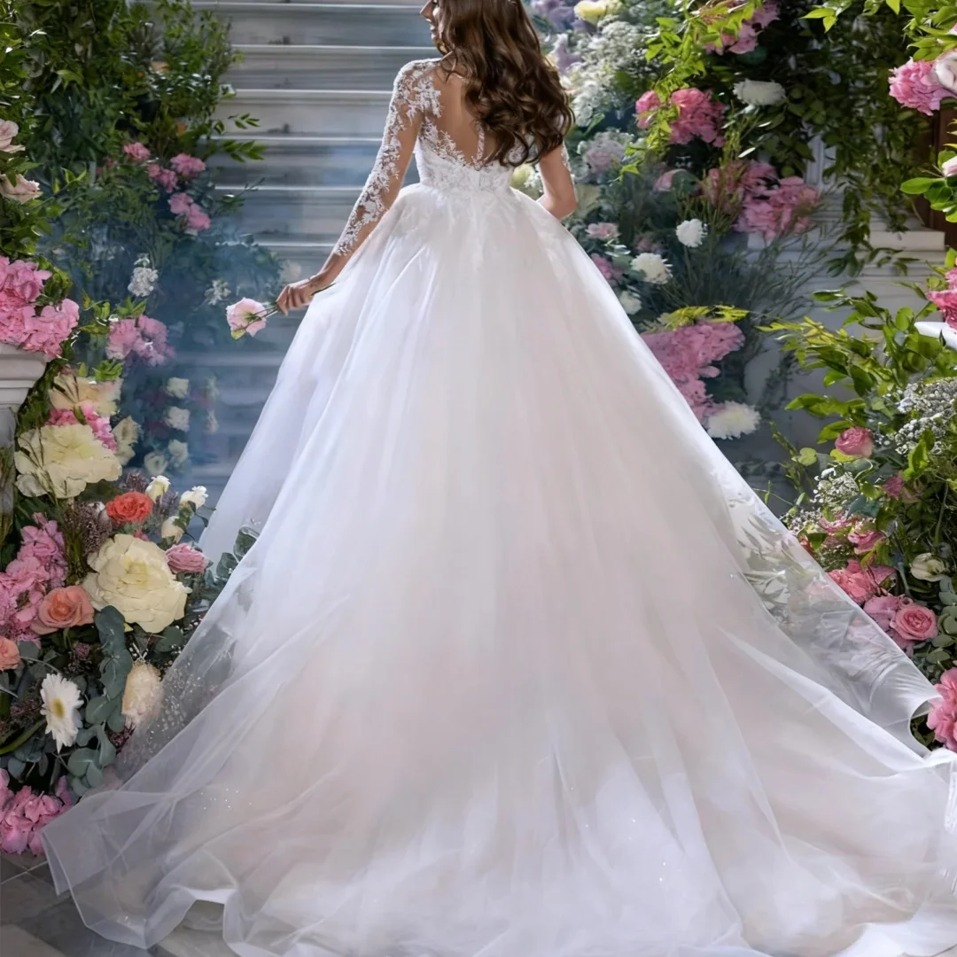 Abiti da festa formali da sposa con maniche lunghe applicate a trapezio eleganti con bottoni senza schienale personalizzati