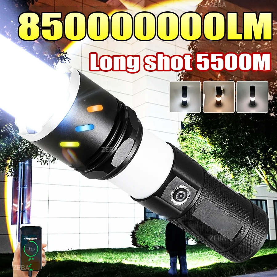

Светодиодный фонарь высокой мощности 8500000LM, самый яркий тактический фонарь, мощный перезаряжаемый фонарь, дальность действия 5500 м, фонарь для кемпинга