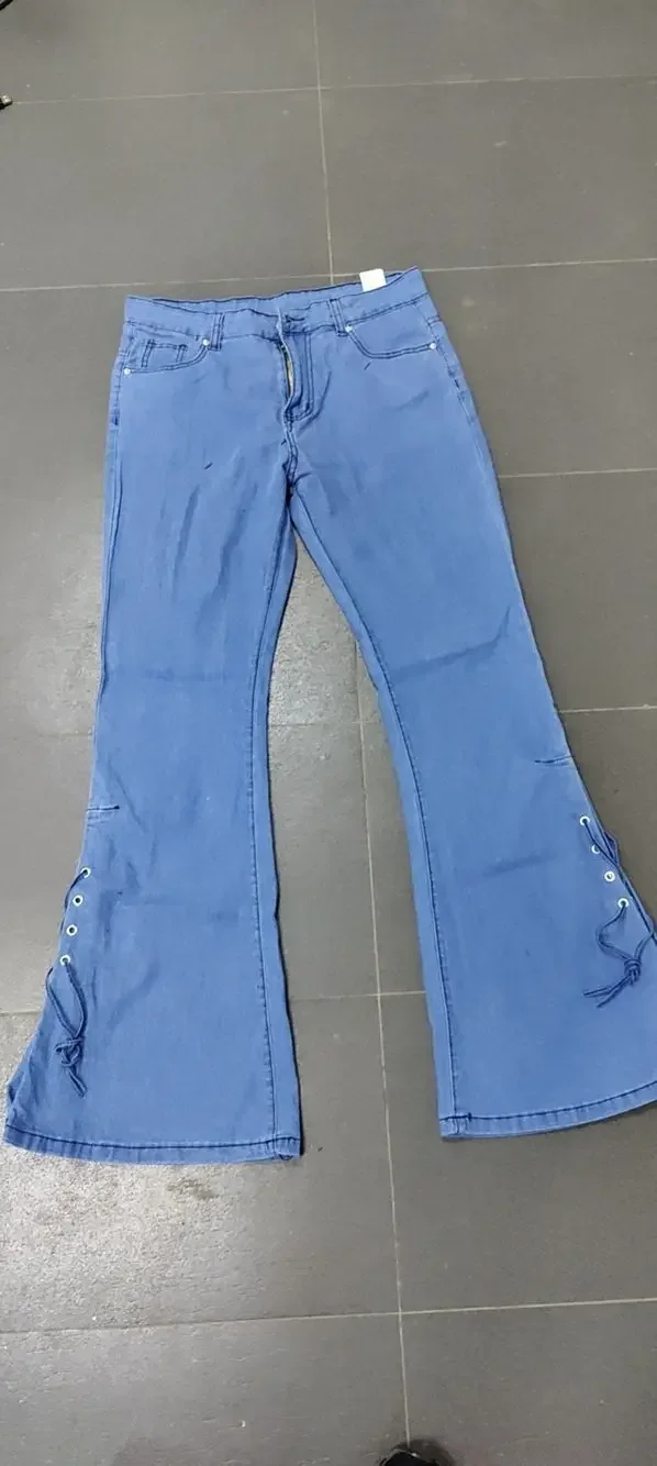 In voller Länge Flare Hosen Frauen Jeans gewaschen Jeans hose Reiß verschluss fliegen locker sitzen Taschen hohe Taille Grundlagen schnüren Vintage