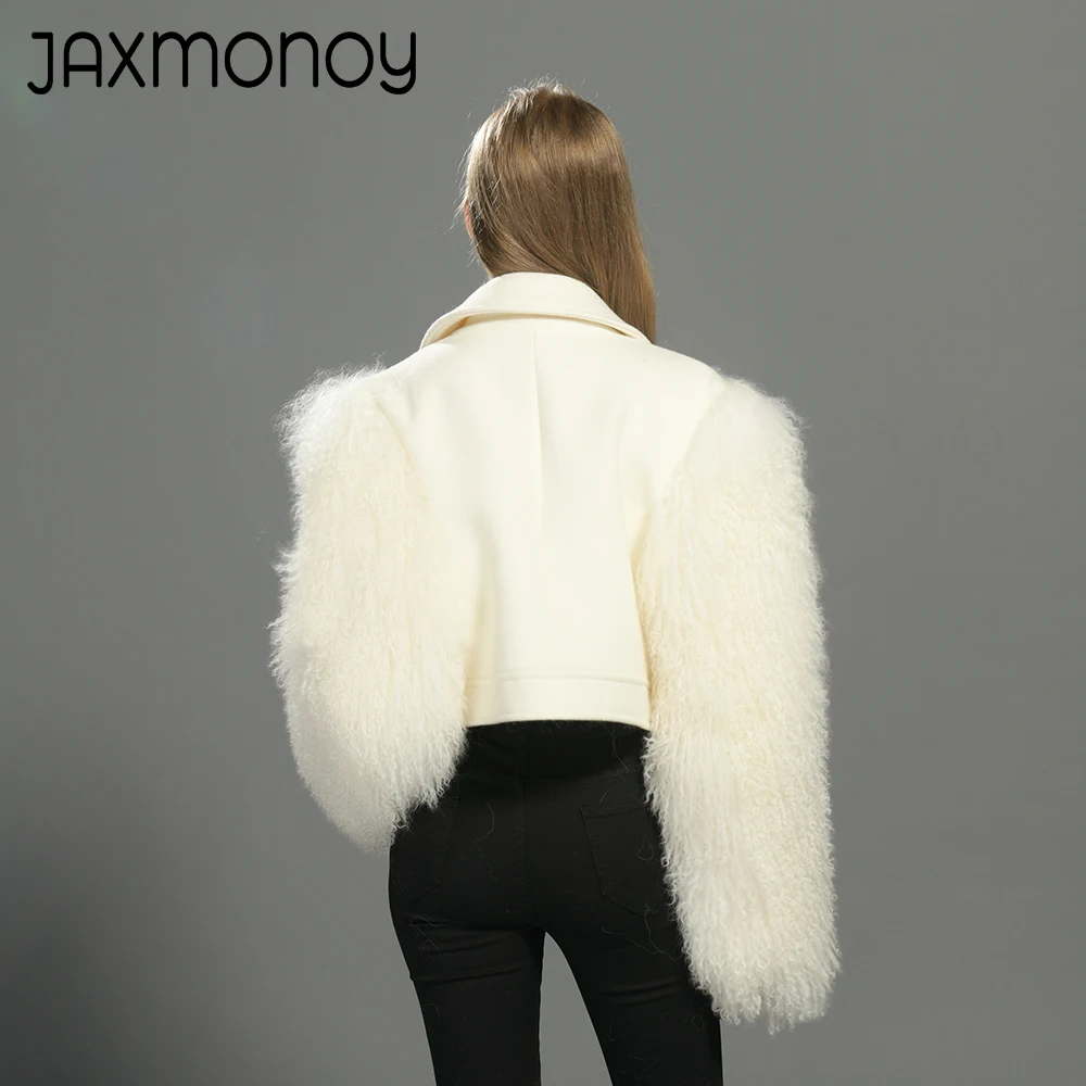 

Jaxmonoy женское шерстяное пальто из натурального монгольского овечьего меха с рукавами, укороченная куртка, женские осенне-зимние модные шерстяные пальто 2024, Новое поступление