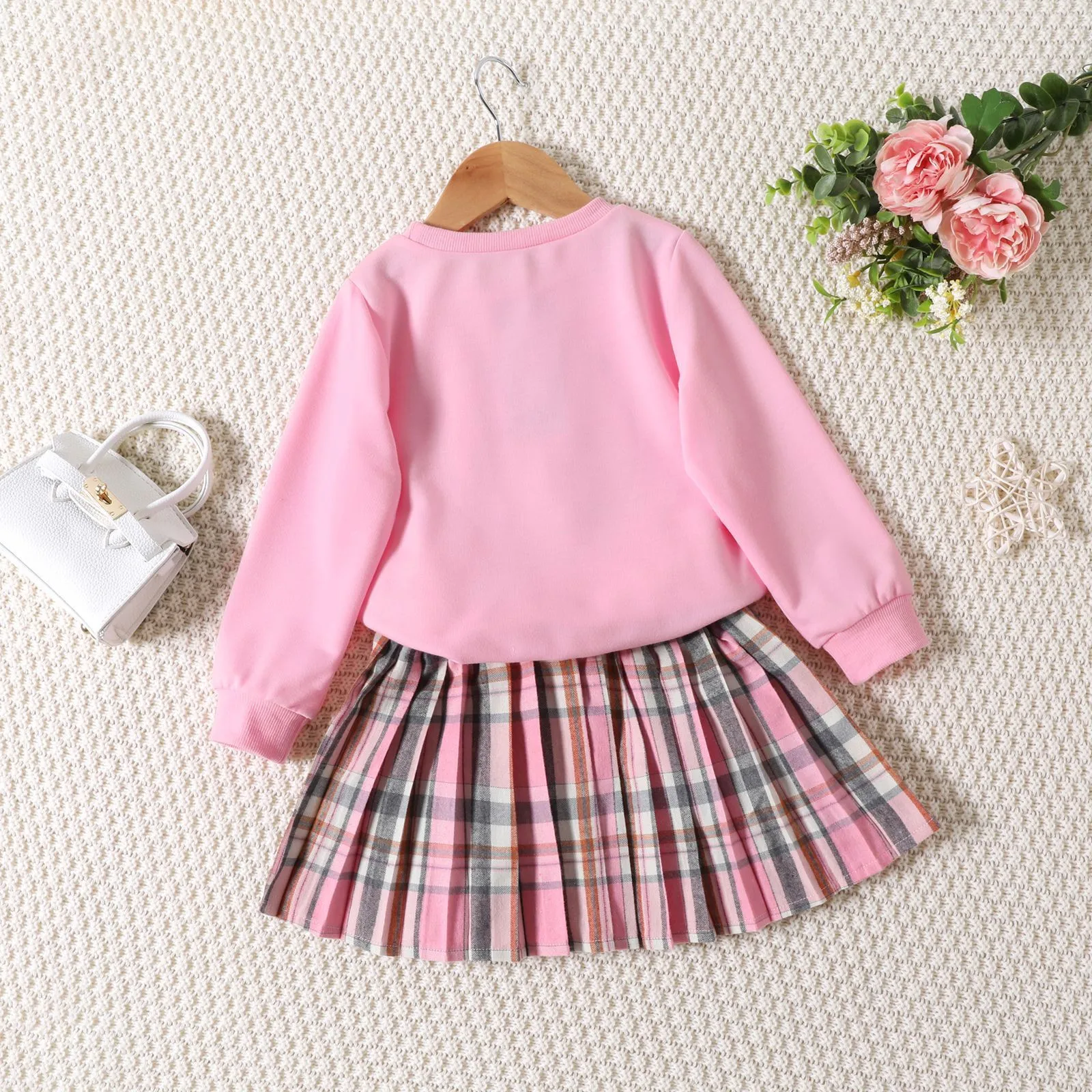 4Y,5Y,6Y,7Y Kids Girls Clothes Sets New Spring Autumn Long Sleeve Sweatshirts Tops Plaid Pleated Mini Skirts Sets For Baby Girls