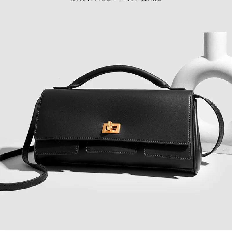 

High-end Horizontal Hand-held Clutch Bag Women Underarm Bag Brand Lock Design Motorcycle Bag Soft Cowhide Shoulder Messenger Bag