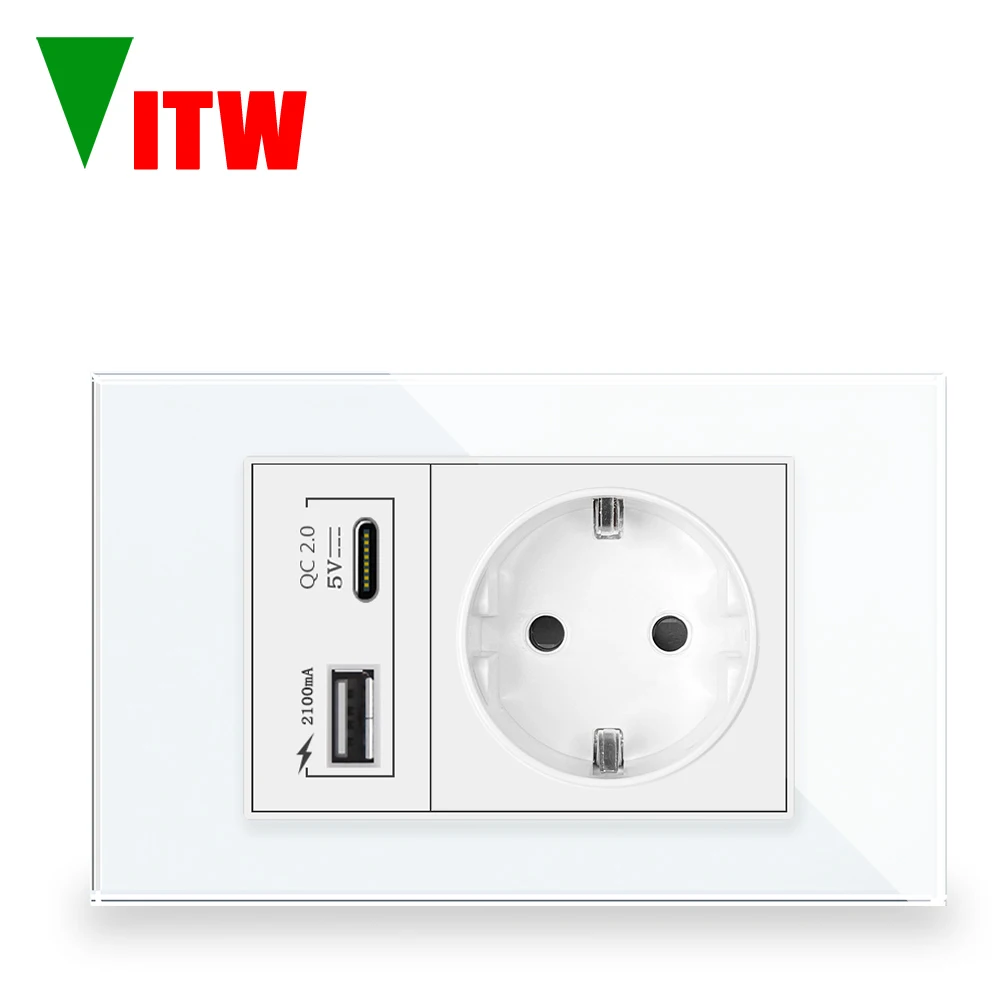 VITW European Standard Power Socket 16A with USBA&C Ports,AC110-250V,White Glass Panel Wall Outlet, Ideal for EU Electrical Plug