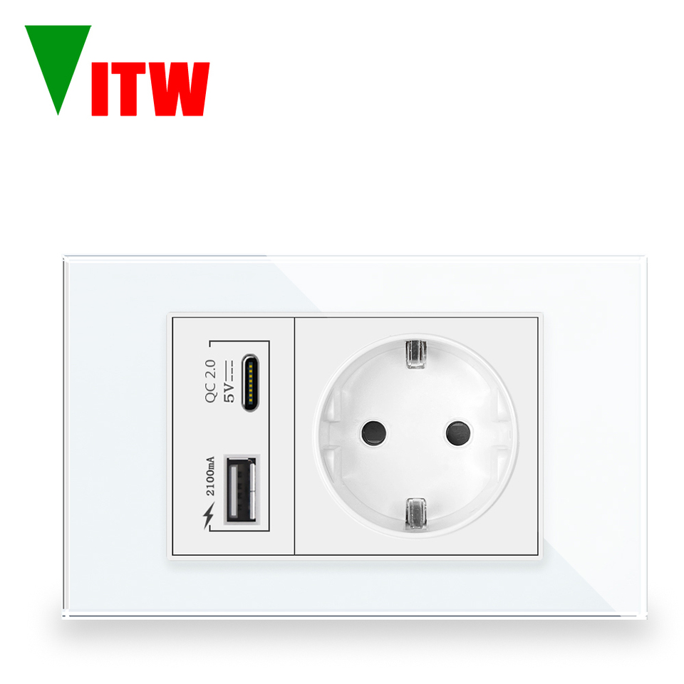  VITW European Standard Power Socket 16A with USBA&C Ports,AC110-250V,White Glass Panel Wall Outlet, Ideal for EU Electrical Plug