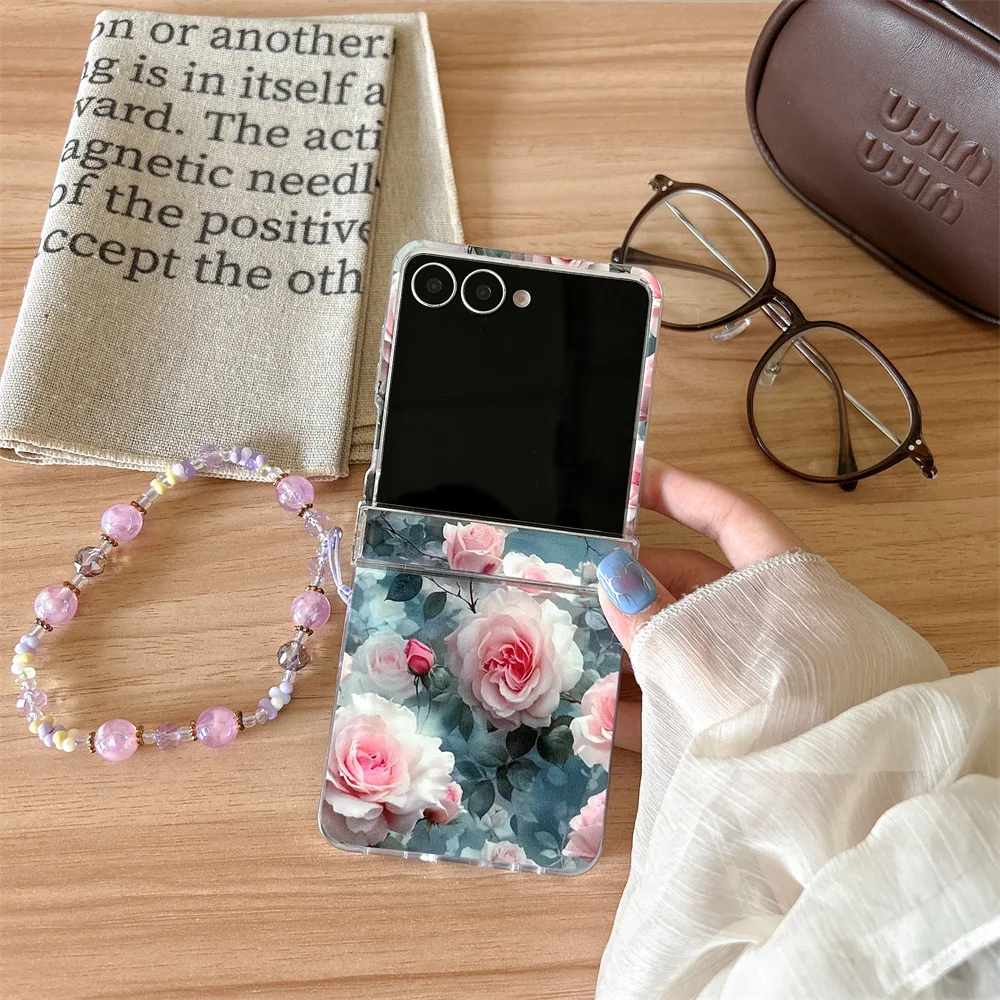 Vintage Elegant Large Pink Rose Floral Printed Phone Case for Samsung Galaxy Z Flip 7-3 Crystal Bead Strap Protective Cover