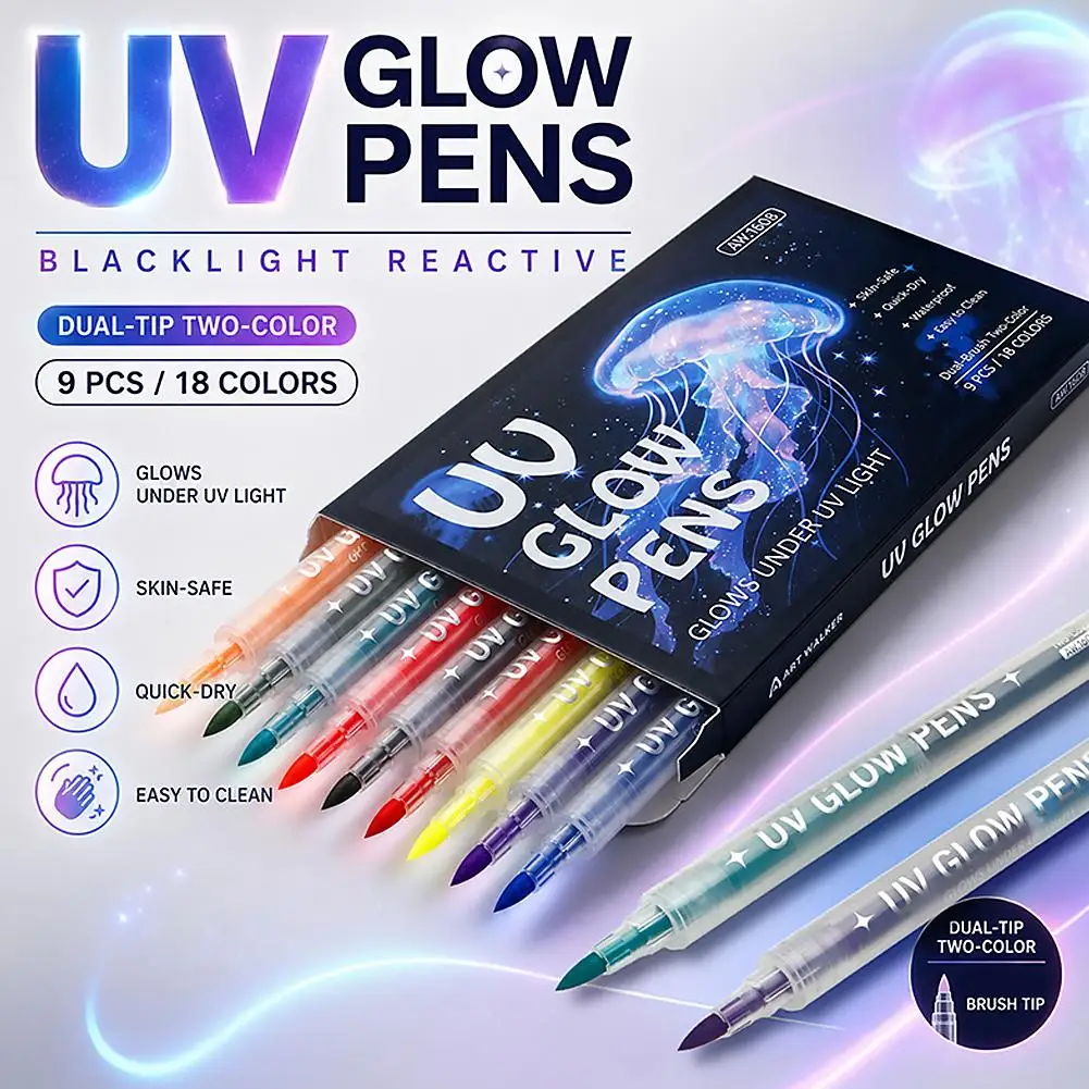 6/9pcs Dual‑Tip UV Glow Pens Set Neon Blacklight Markers for Skin Art, Drawing & Crafts Neon UV Fluorescent Acrylic Paint Pens