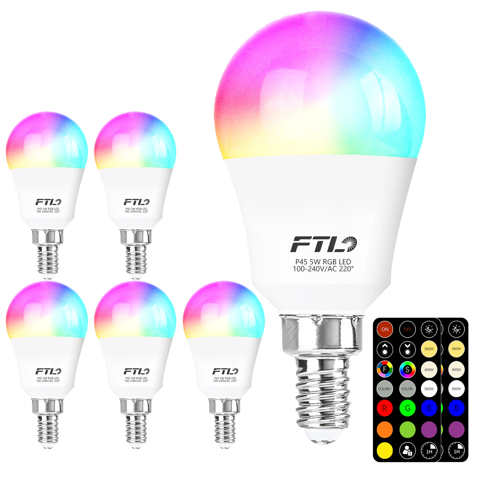 

E12 LED Light Bulbs Color Changing Remote Control,5W P45, 2700K-6000K,30 Colors RGB Colored Light Bulbs Dimmable,Timer,6-pack