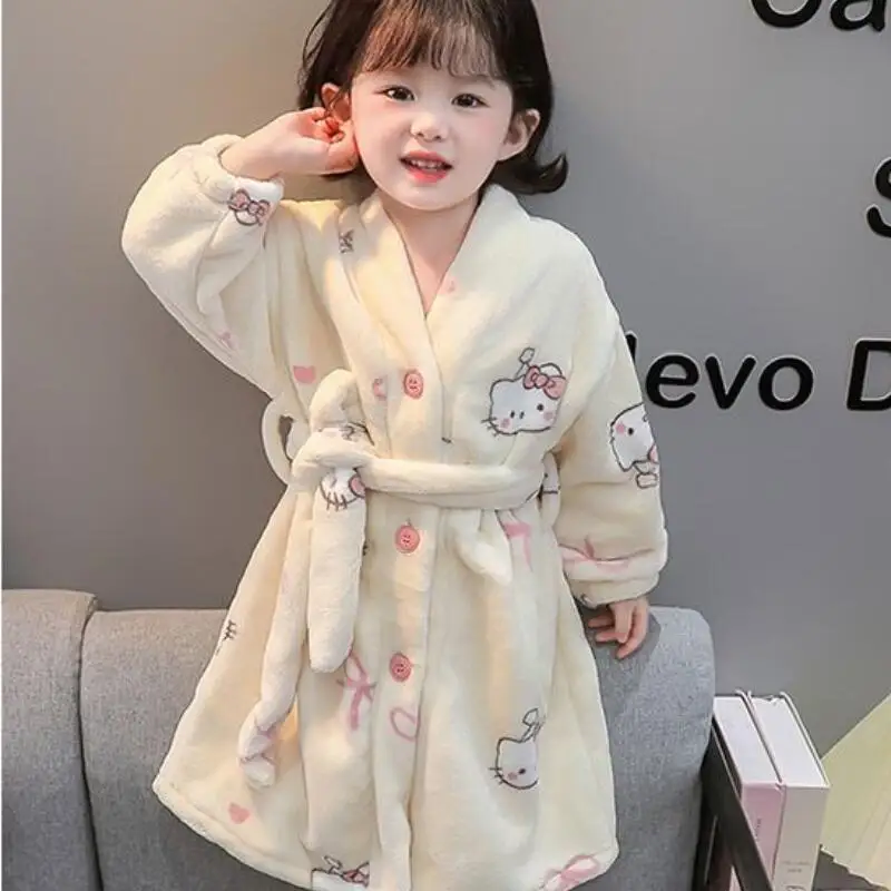 

Hello Kitty Kids Flannel Pajamas Sanrio Girl Cartoon Robe Bathrobe Kawaii Leisure Wear Spring Autumn Home Clothes Girl's Gift