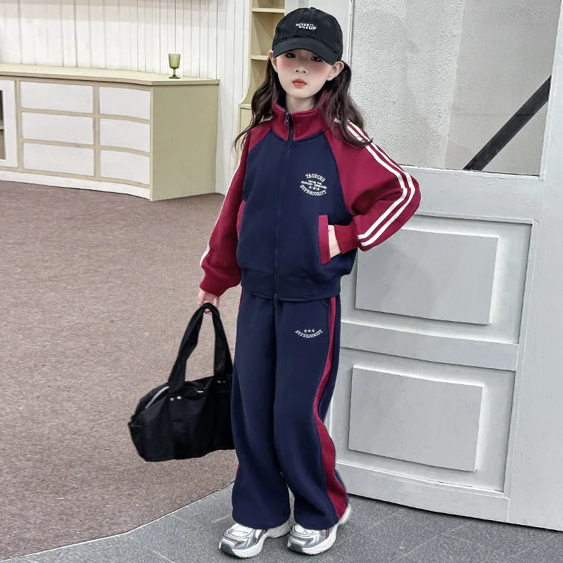 2026 Girls Patchwork Striped Zip Sweatshirt Jacket+Sweatpant Workout Set School Kid 2PCS Tracksuit Children Outfit Jogger Suit