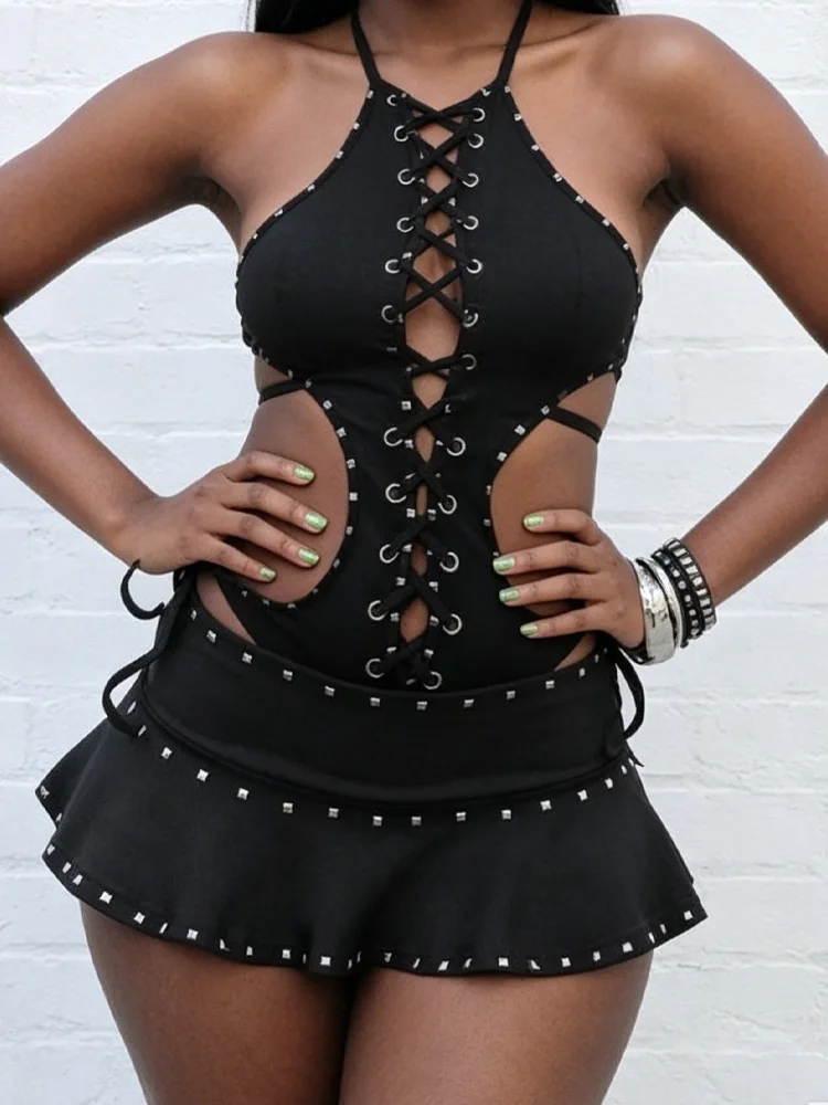 Summer Women Gothic Alt Streetwear Silver Square Rivet Trim Solid Black Ruffle Hem Low Waist Micro Mini Skirt