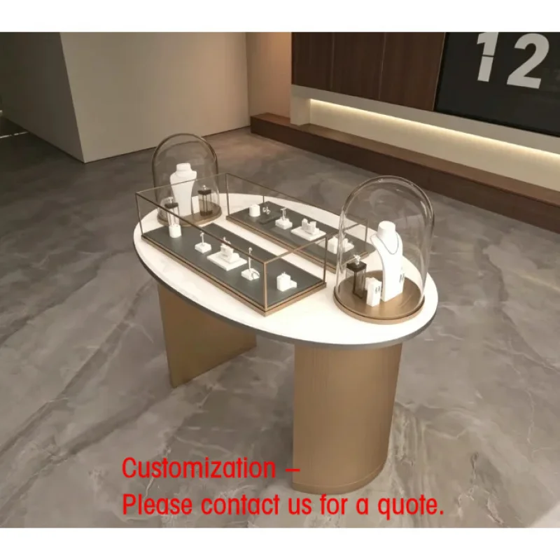 

custom.Luxury Modern LED Lit Tempered Glass Metal MDF Jewelry Retail Display Booth Design Fixture Wooden Showcase