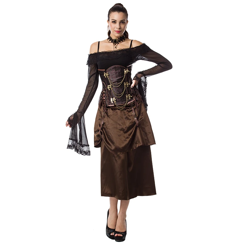 Brown Steampunk Underbust Corset Steel Boned Waist Trainer Women Shapewear Bustiers & Corsets Gothic Clothes Vintage Korsett