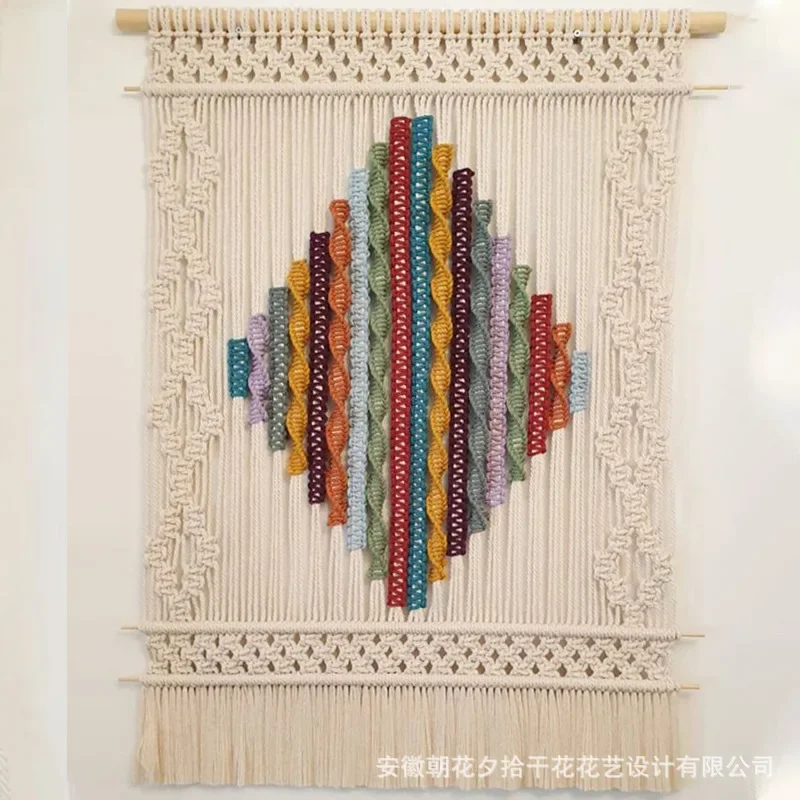 Nordic ethnic style hand-woven color gradual change new braided flat braided fringed tapestry stairs side wall pendant
