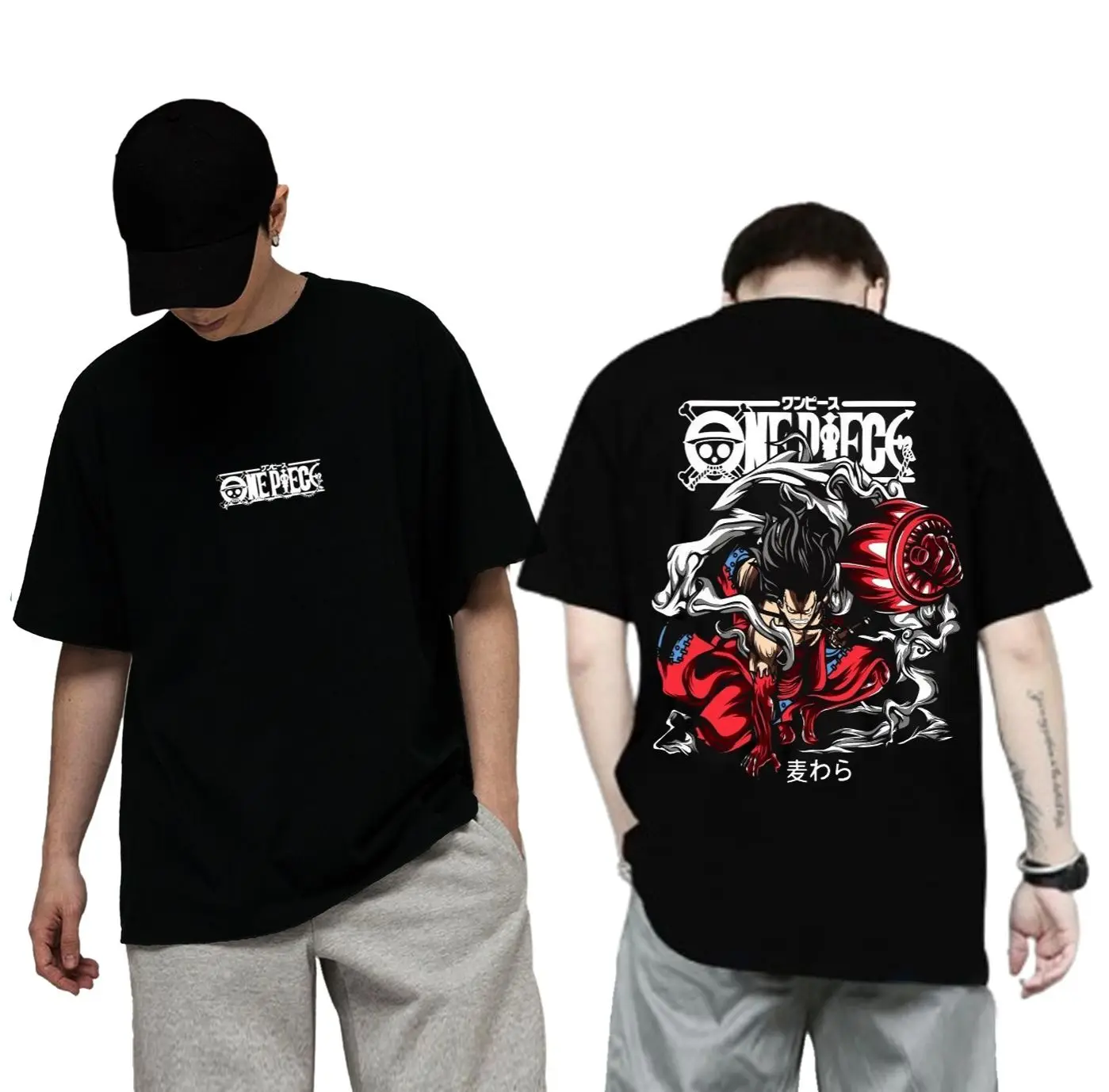 La última camiseta de One Piece Luffy para hombres y mujeres, una camiseta fresca de anime negra simple de manga corta