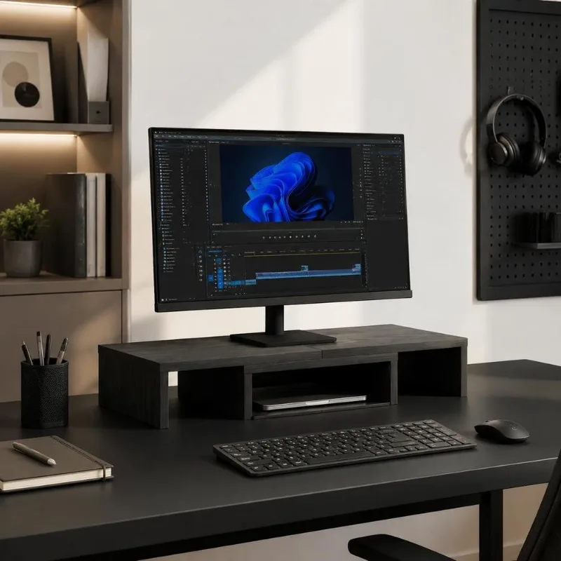Monitorständer aus Holzwerkstoff 60 x 24 x 10,5 cm mit verstellbarem Winkel und unteren Aufbewahrungsfächern, glatte Oberfläche, feuchtigkeits- und verformungsbeständig, Desktop-Monitorständer-Design.