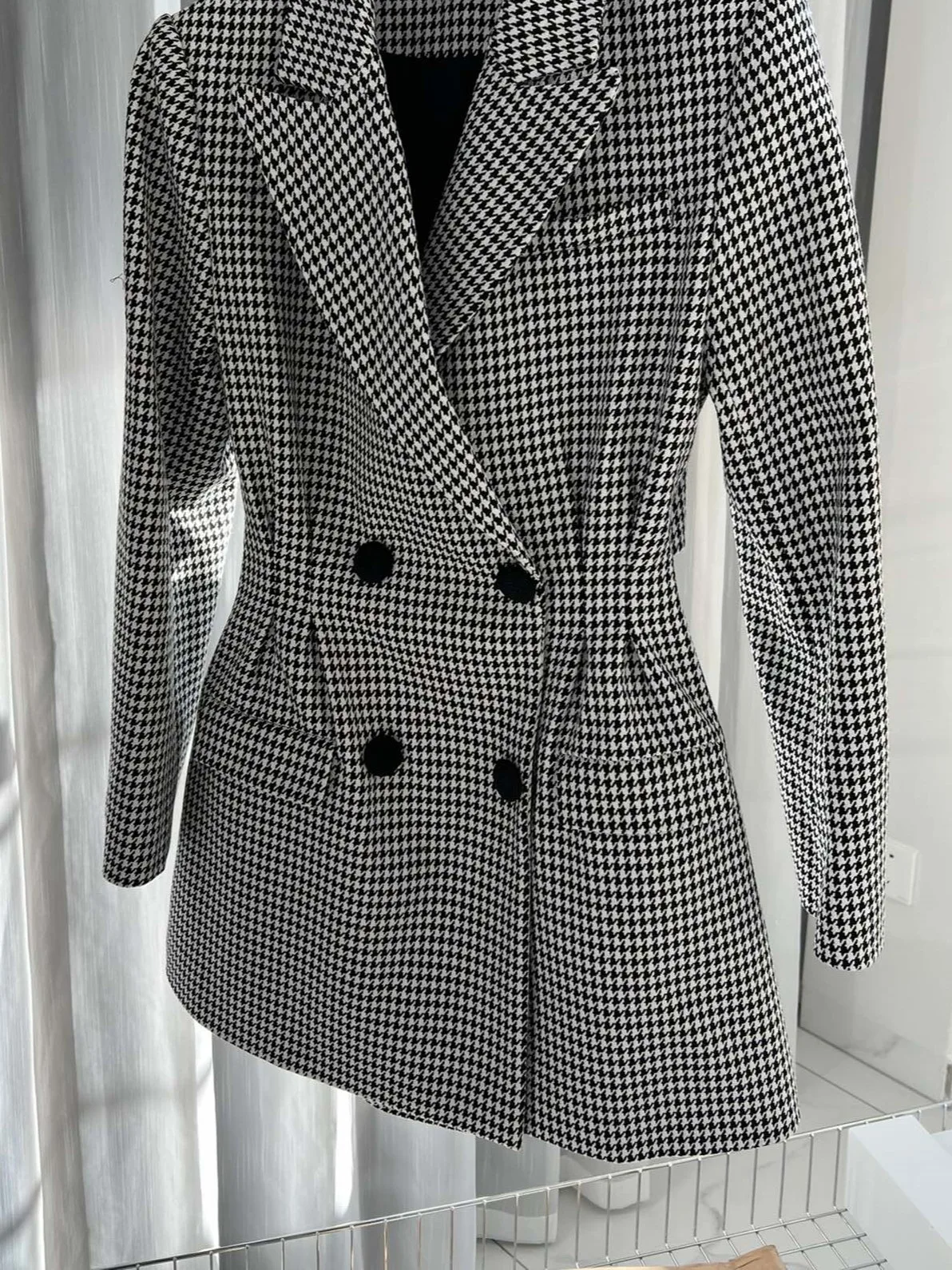 

Women's Retro Houndstooth Suit Jacket Autumn Winter Double Breasted Long Sleeve Notched Collar Elegant Ladies Blazer