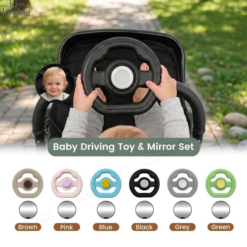 Baby Driving Toy & Mirror Set, Stroller Steering Wheel with Safety Rear View Mirror, Interactive Game for Toddler