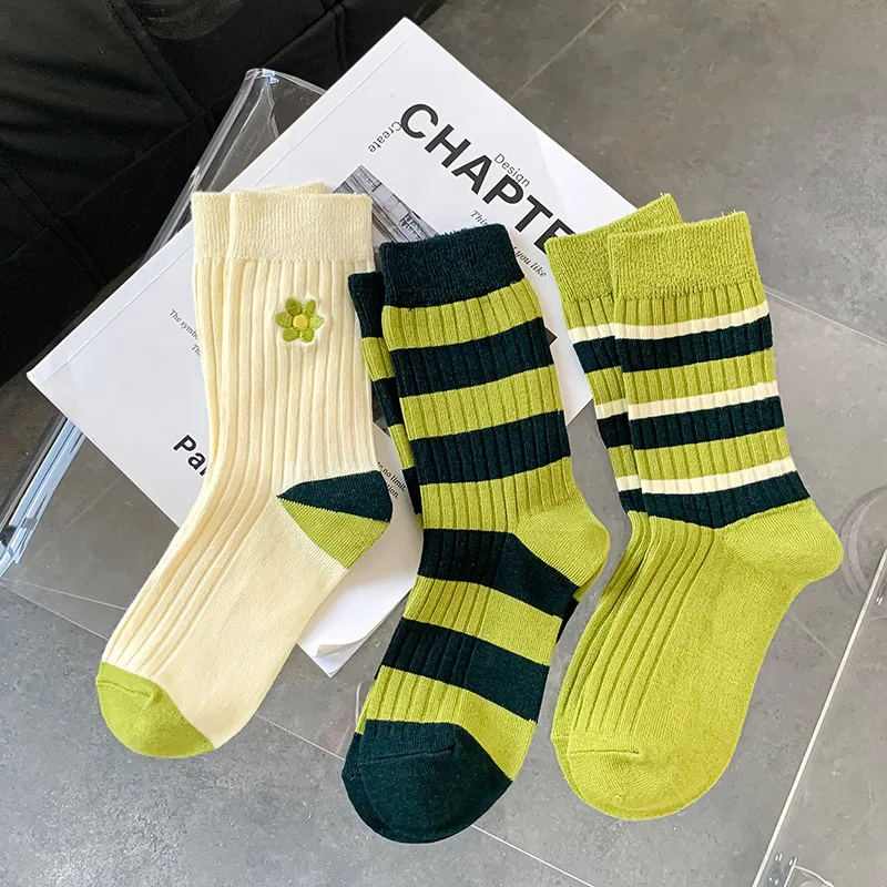 

Green Series Socks Women's Four Seasons Double Needle Pile Socks Cotton Mid-tube Casual Socks Japanese Striped Socks