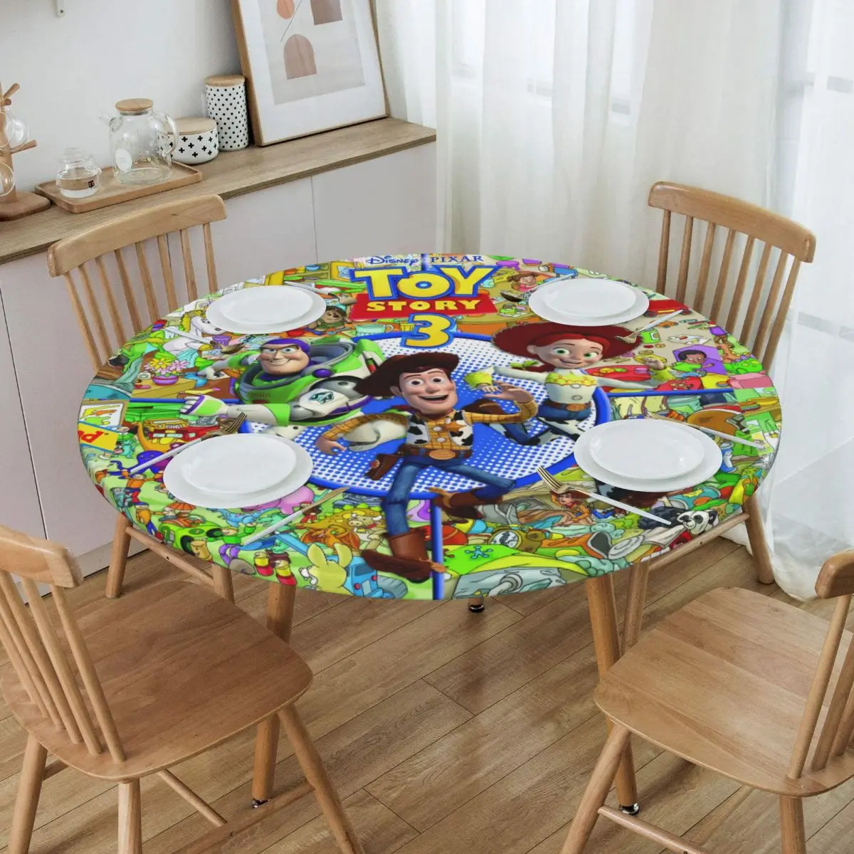 

Customized Comedy Disney Toy Story Tablecloth Round Elastic Waterproof Anime Movies Table Cover Cloth for Dining Room