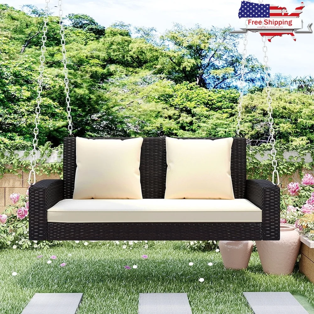 

Durable PE Wicker Porch Swing with Long Cushion and 2 Bolsters Outdoor Relaxation Up to 700 lbs Capacity