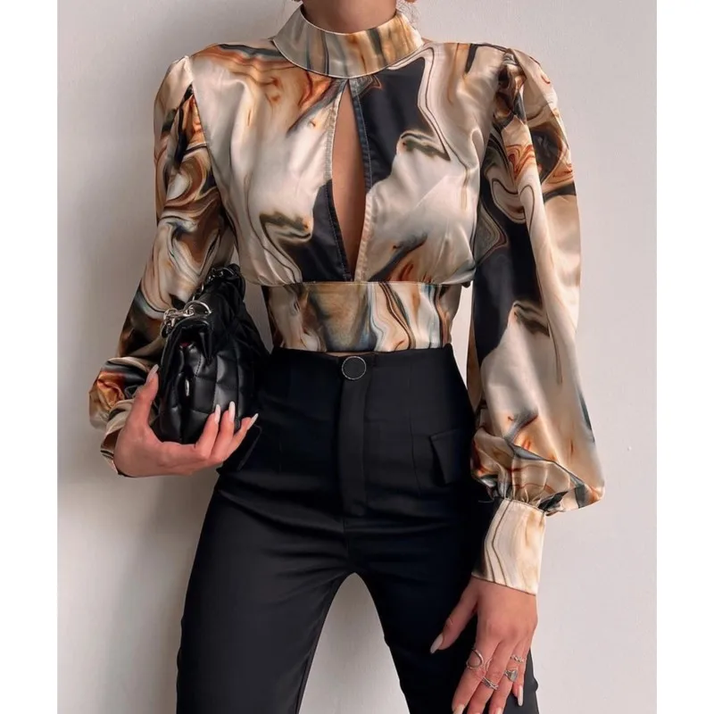 New In Standing Collar Long Sleeve Lantern Tops Sleeve Backless Hollow Blouse Women Female Clothing Elegant Shirts And Blouses