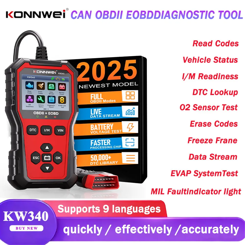 KONNWEI KW340 autó CAN OBD2 diagnosztikai eszköz motor akkumulátor teszt hibakód valós idejű adatok törlése O2 ellenőrző eszköz