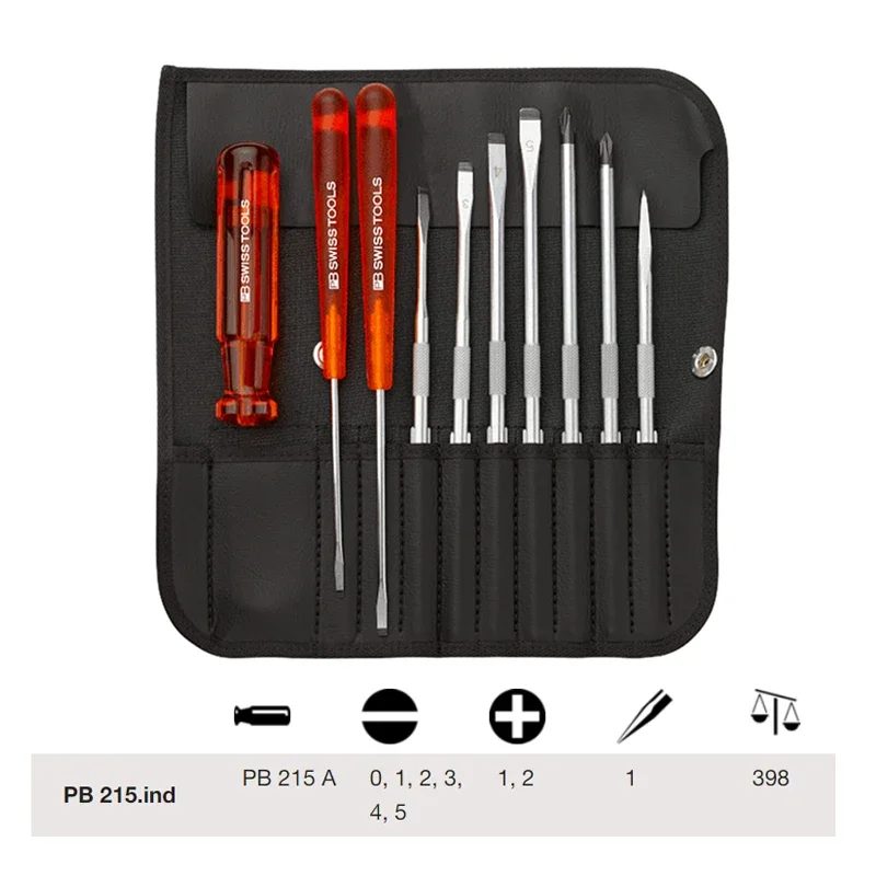 PB 215ind Swiss Tools Screwdriver Bit Set 10pcs Slotted Phillips in Roll-up Case with Classic Handle