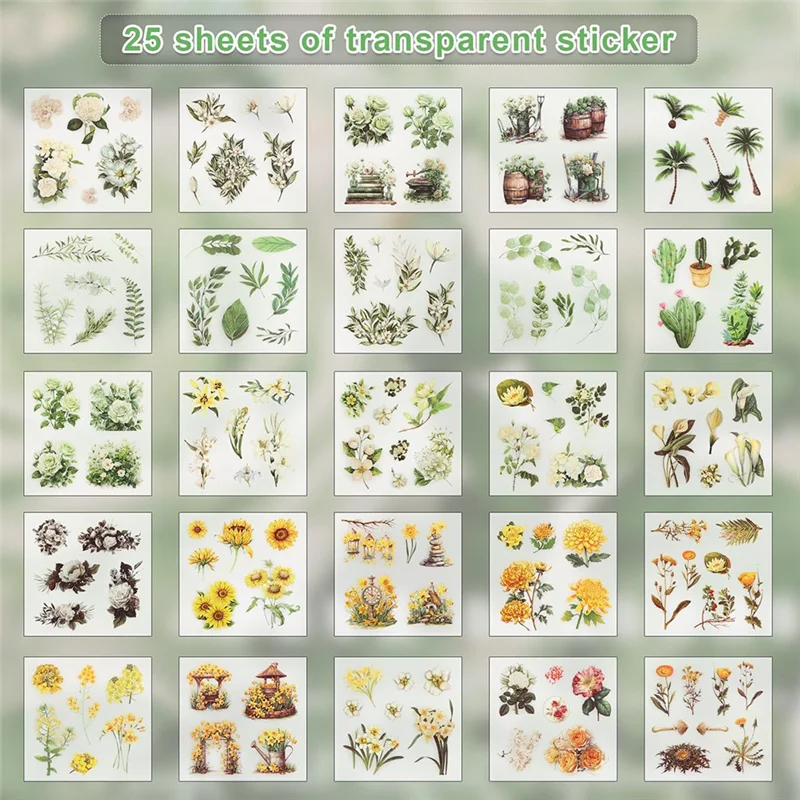 Flower Sticker, Scrapbooking Supplies For Adult Junk Journal 50 Sheets, Transparent Stickers And Material Paper