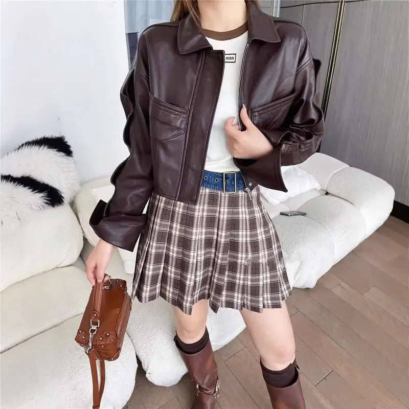 Women Black Genuine Leather Jacket Sheepskin Semi Vegetable Tanned Motorcycle Short New Design Jacket