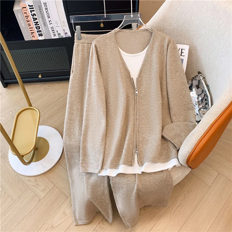 Women Vintage Fashion Solid color Knit Casual Loose Suits Autumn Winter Zipper Hoodie High Waist Wide Leg Pants Two Piece Sets