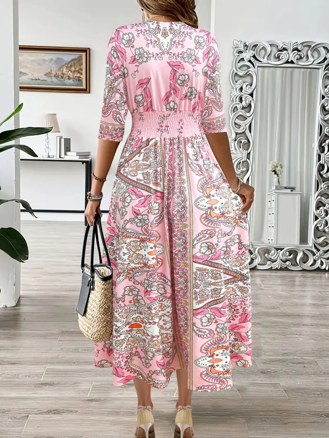 欧米風クロスボーダー秋物セール ボヘミアンプリント エレガントVネック長袖ワンピース